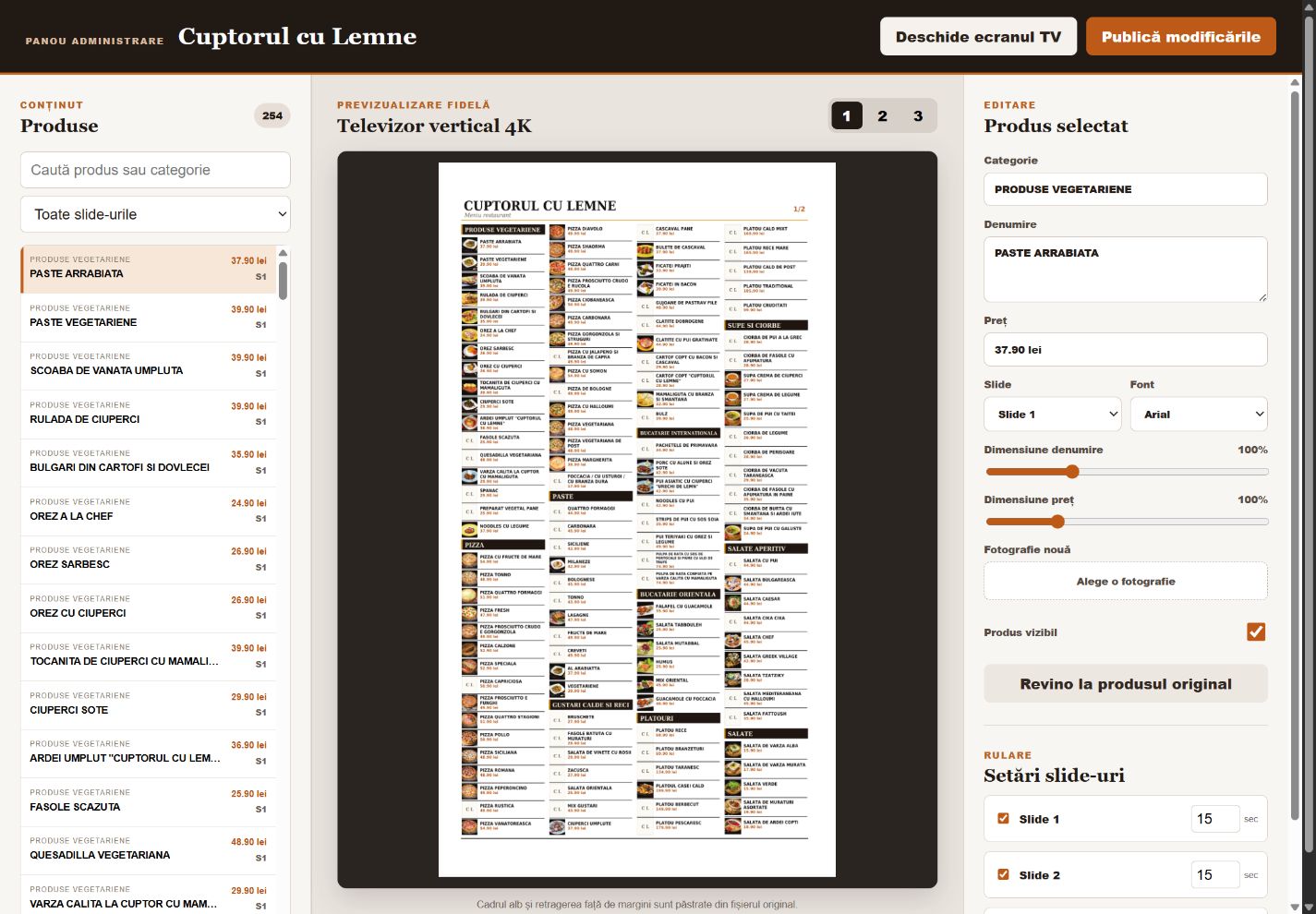 The actual Cuptorul cu Lemne menu administration panel, showing products and display preview